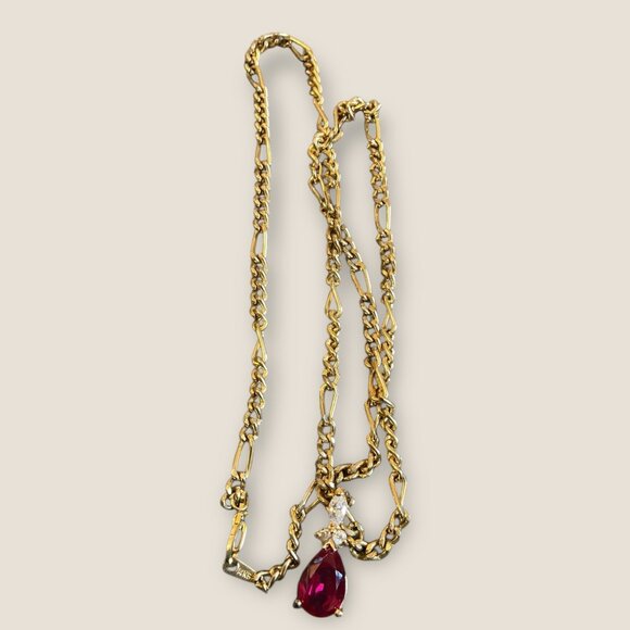 14K Gold Plated Necklace With Red Teardrop Gemstone Pendant & Rhinestones 20 Inc - Picture 3 of 6